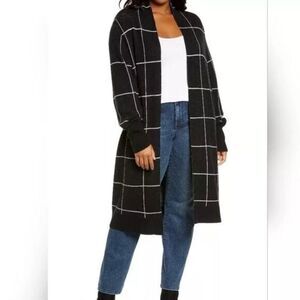 Leith Black White Windowpane Plaid Duster Cardigan Large‎ Soft Cozy Layers